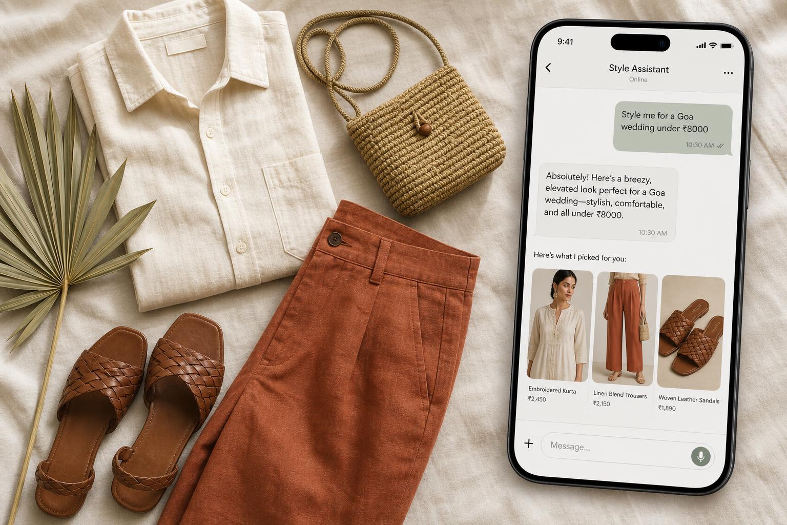 StyleSense stylist agent on a phone, replying to a wedding-outfit request with three product cards beside an editorial flatlay