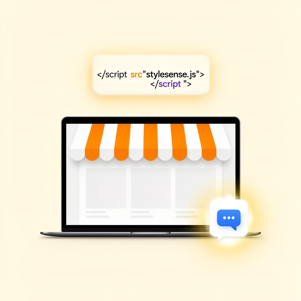 A storefront with the StyleSense agent embedded as a corner widget, alongside a single script-tag snippet