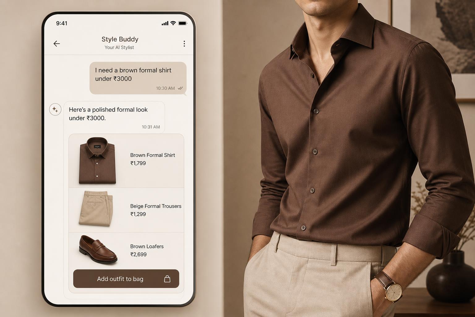 A phone showing the StyleSense agent assembling a brown-shirt outfit in chat, beside an editorial portrait