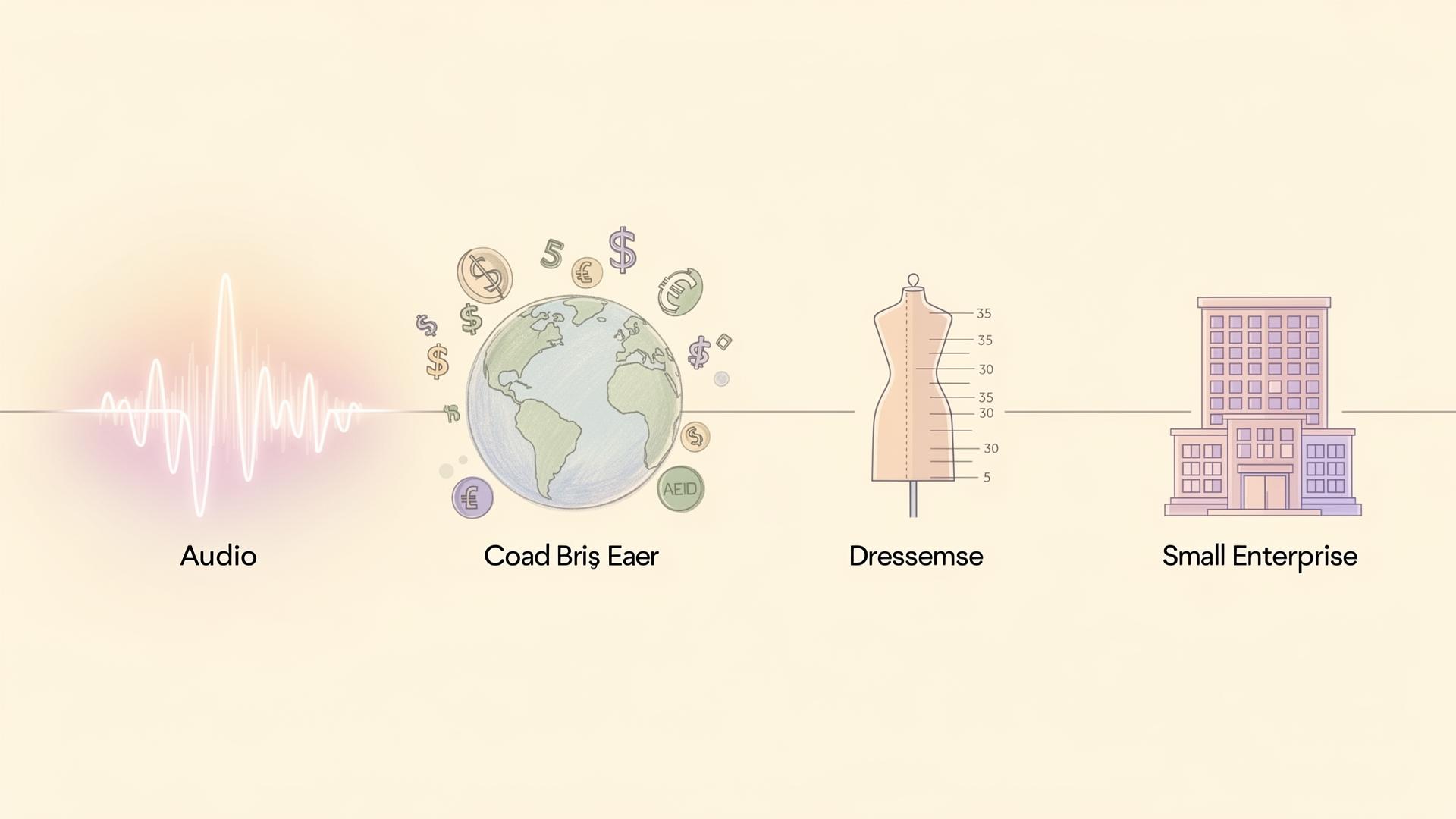 An editorial timeline illustration with audio waveform, globe, dressmaker silhouette, and enterprise building motifs