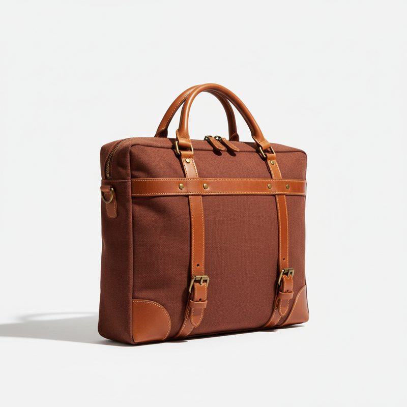 Terracotta Canvas Briefcase with Leather Trim
