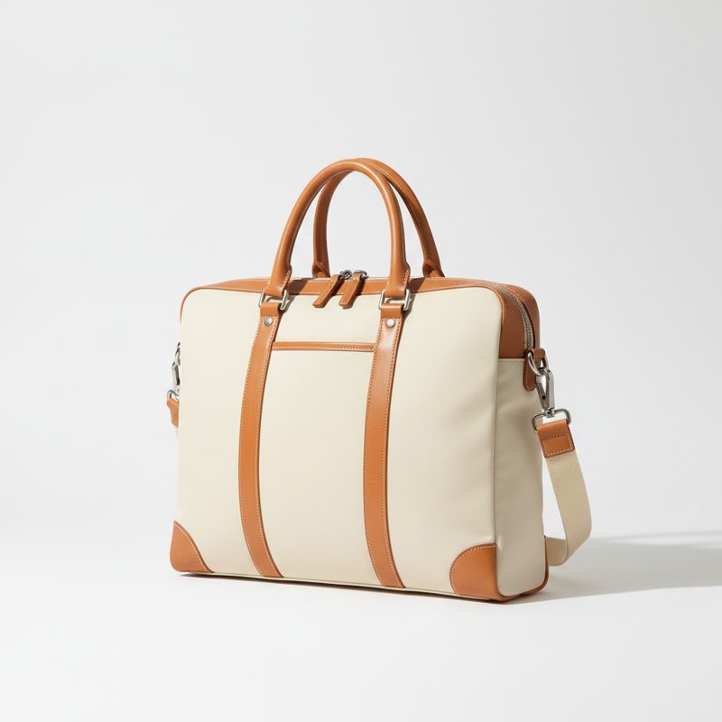 Cream Canvas Briefcase with Leather Trim