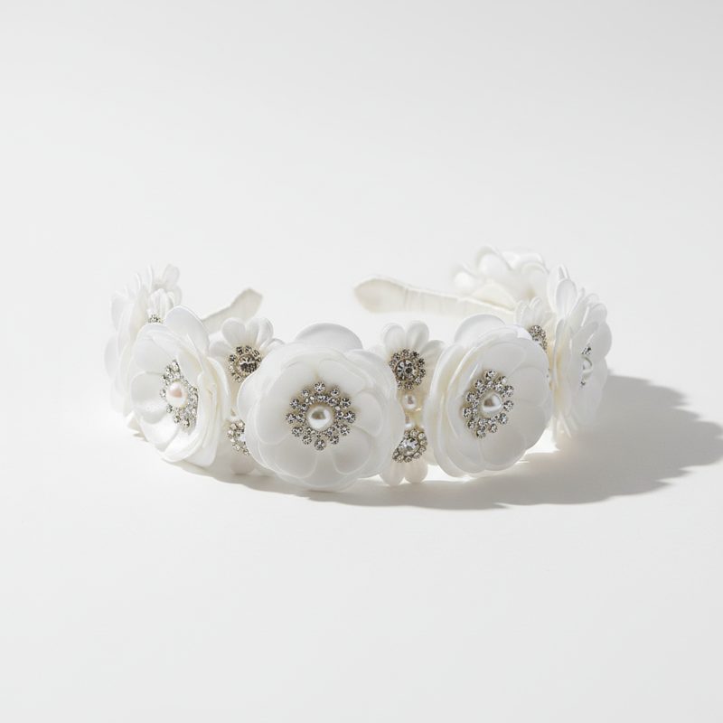 White Embellished Satin Flower Headband