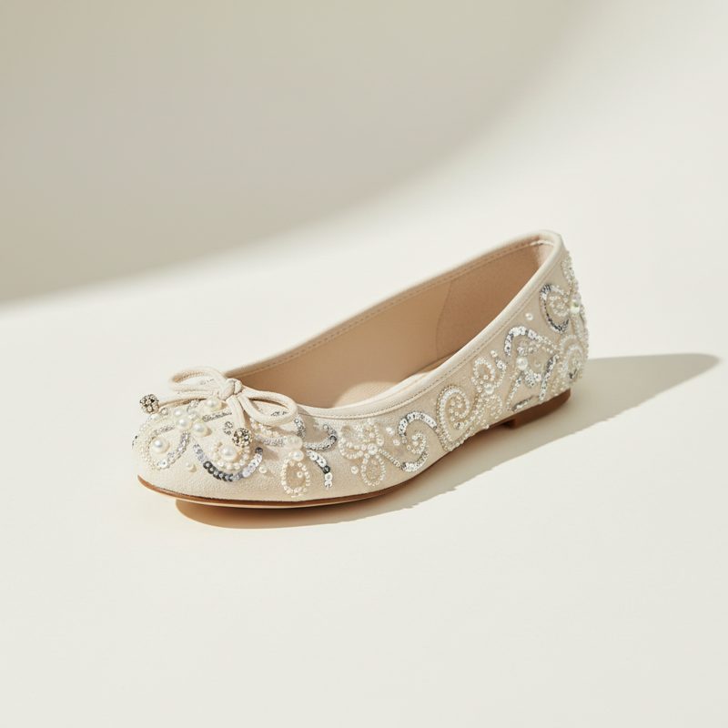Ivory Embellished Pearl Ballet Flats
