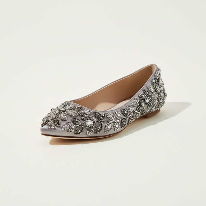 Tan Embellished Pointed Toe Ballerina Flats