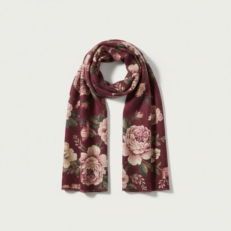Burgundy Floral Woven Wool Scarf