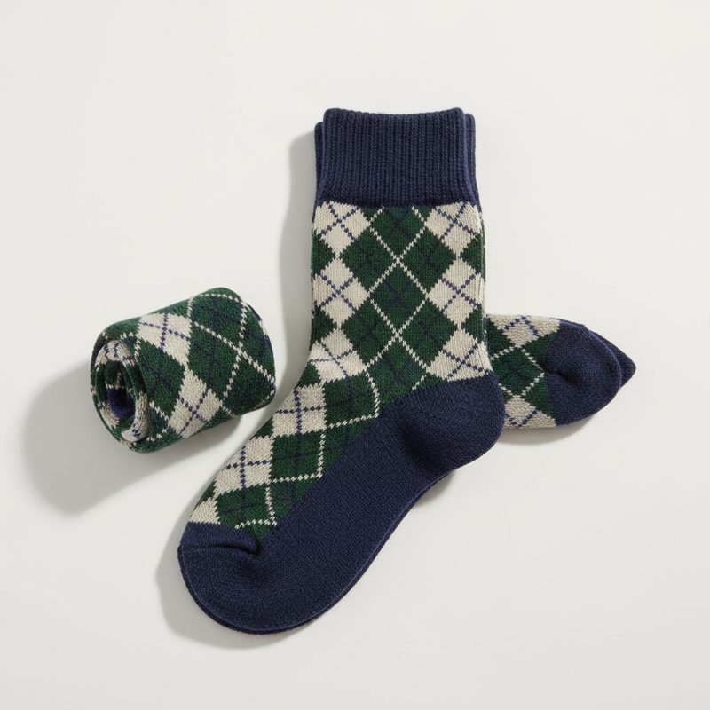 Navy Argyle Pattern Knit Crew Socks