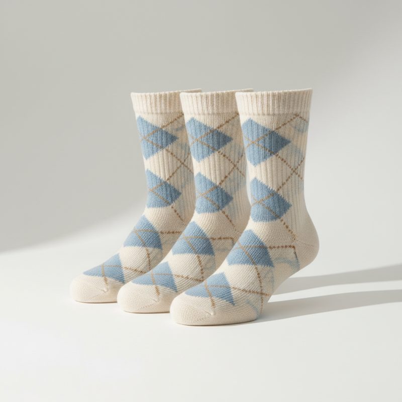 Cream Argyle Knit Crew Socks