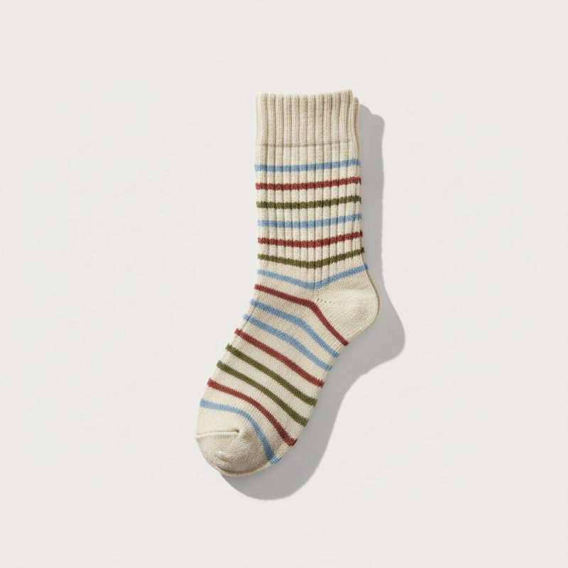 Cream Ribbed Knit Striped Socks