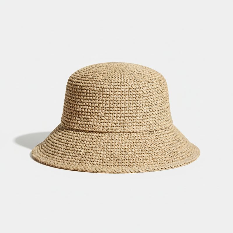 Beige Crochet Woven Straw Bucket Hat
