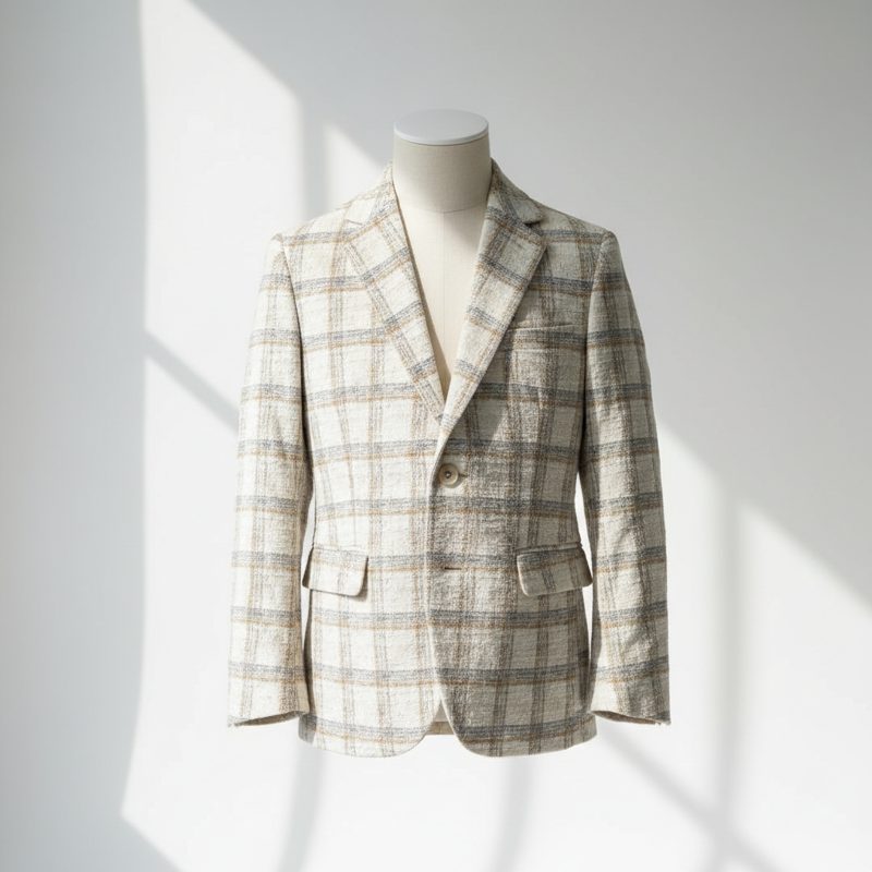 Beige Checked Wool Tailored Blazer
