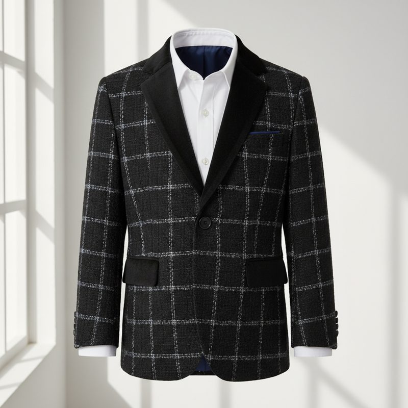 Charcoal Windowpane Checked Tweed Blazer
