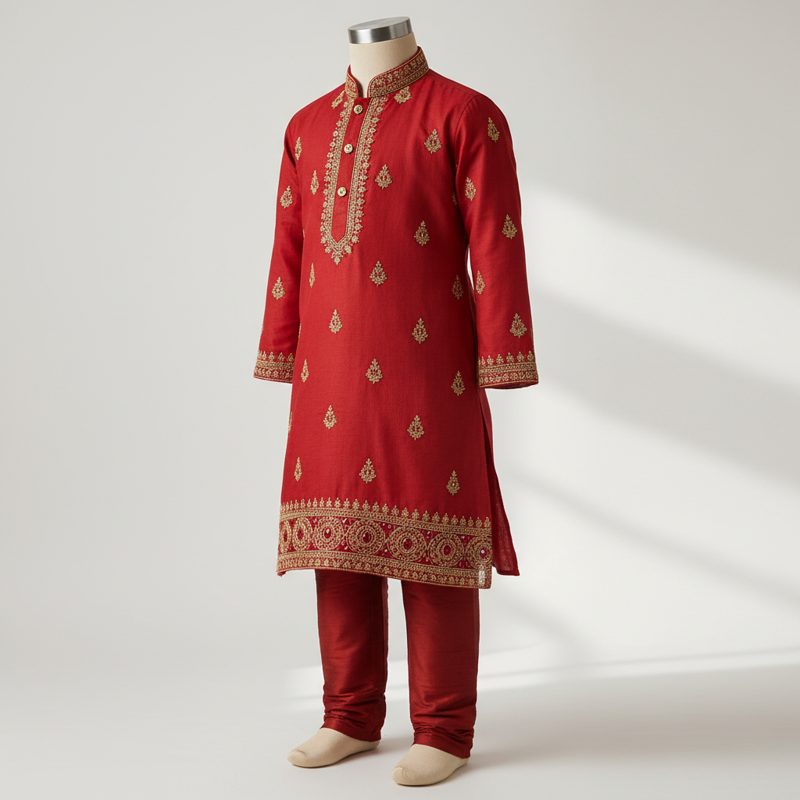Crimson Embroidered Silk Ethnic Kurta Set