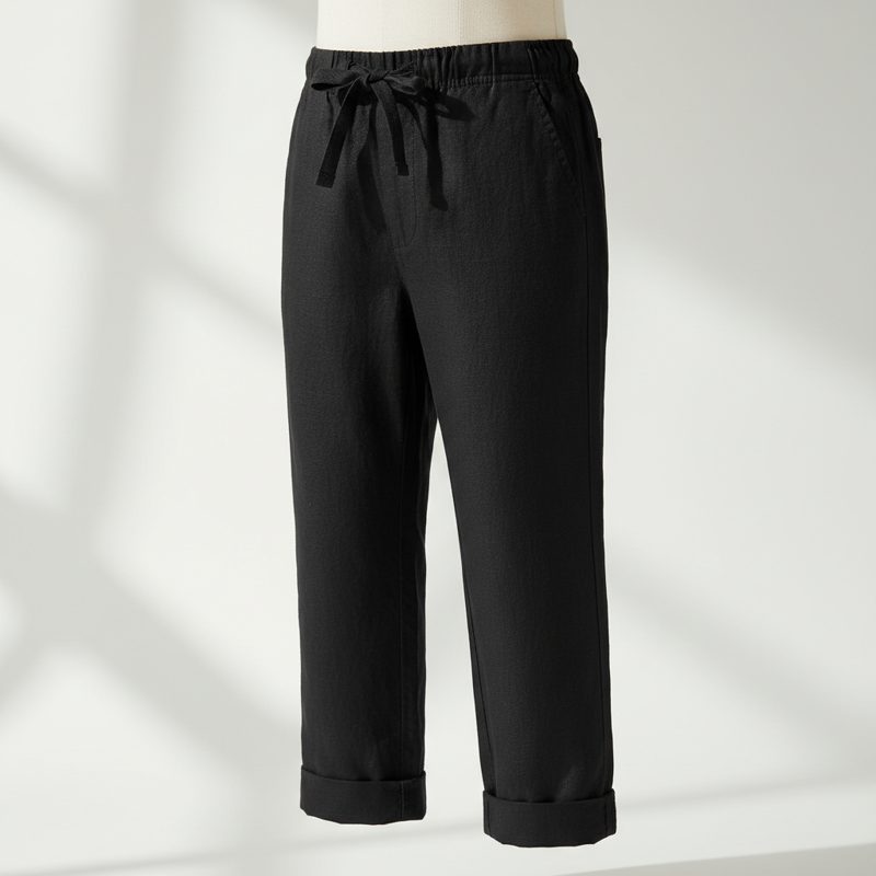Black Linen Blend Drawstring Trousers