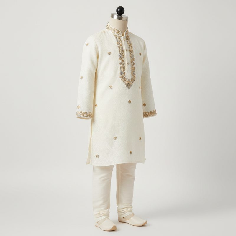 Cream Embroidered Silk Kurta Set