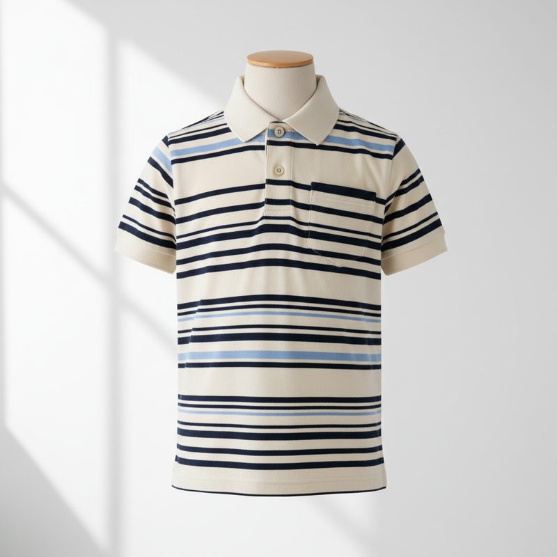 Cream Striped Pique Polo Shirt
