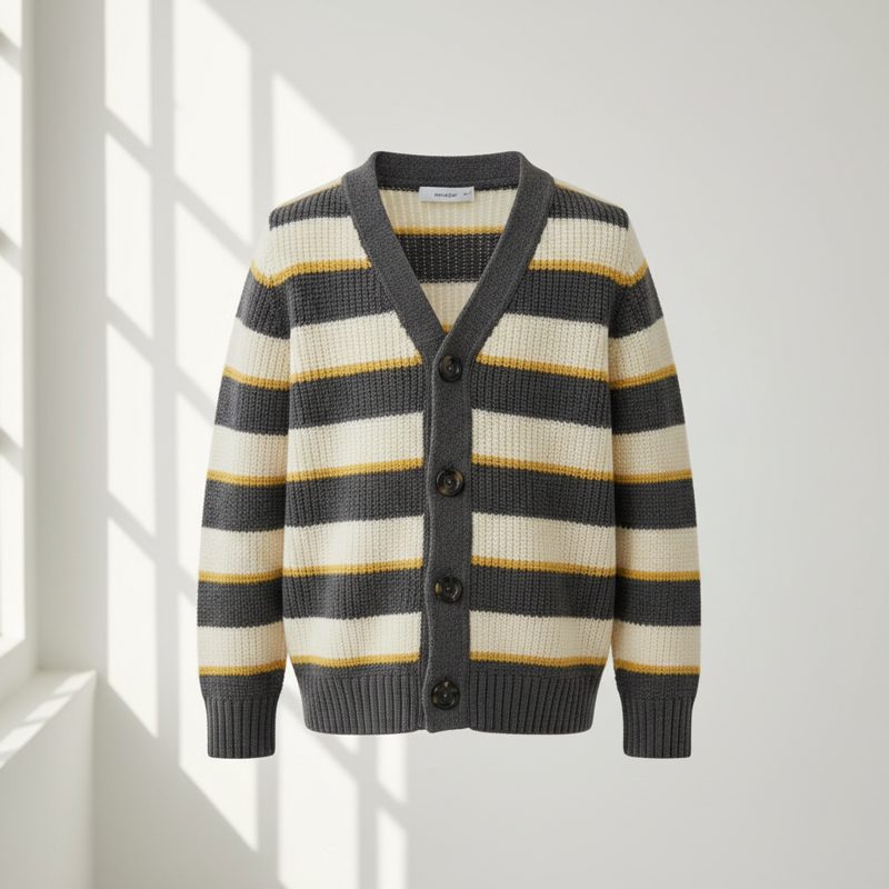 Charcoal Striped Knit Buttoned Cardigan