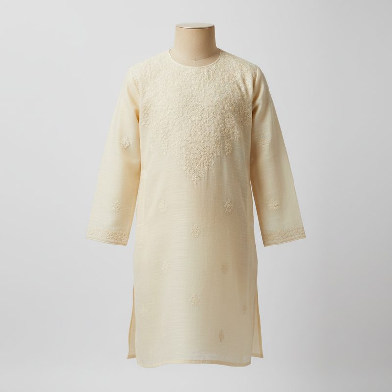 Cream Embroidered Textured Cotton Kurta