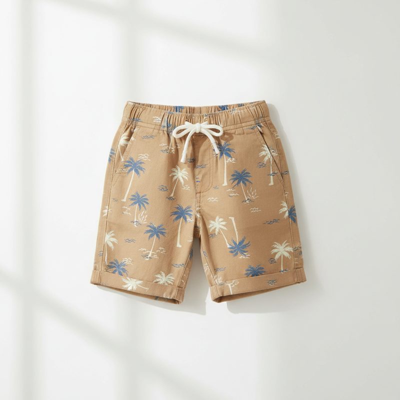 Camel Palm Tree Print Canvas Shorts