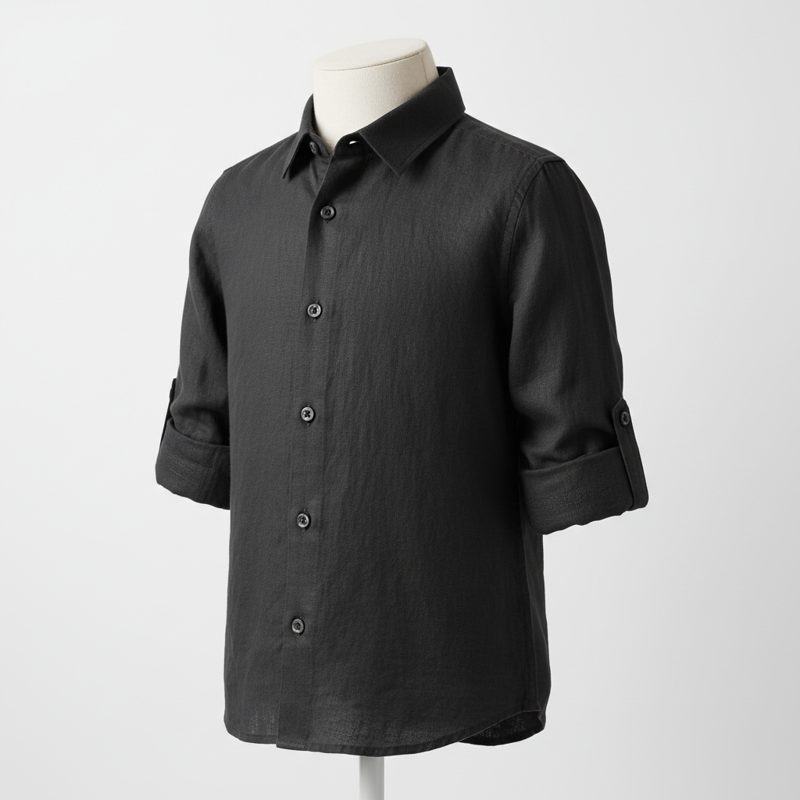 Black Linen Roll-Up Sleeve Shirt