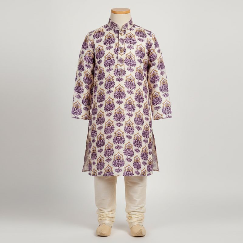 Cream Printed Silk Blend Kurta Set