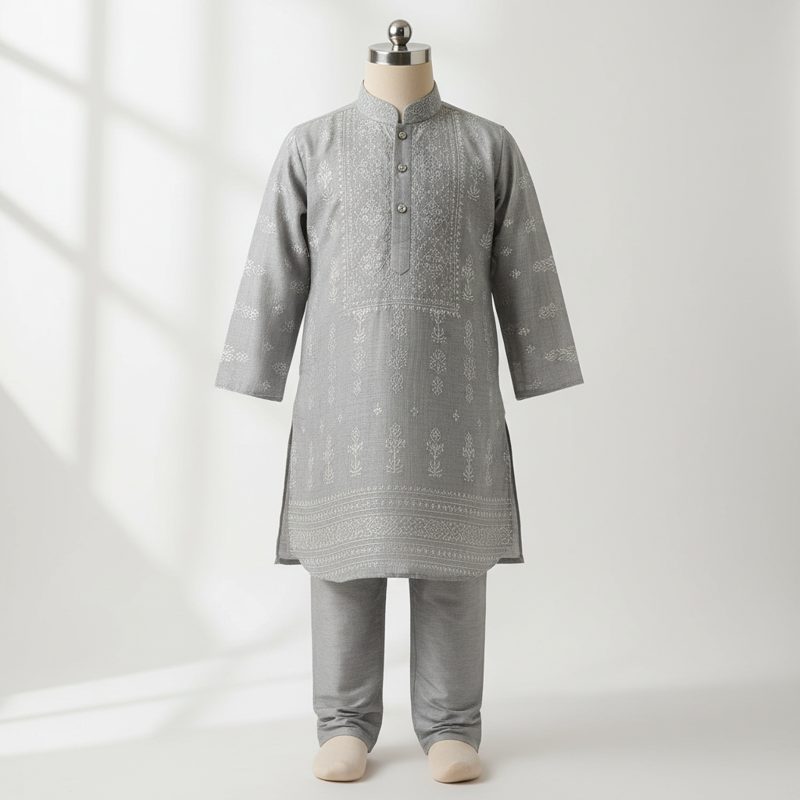 Grey Embroidered Mandarin Collar Kurta Set