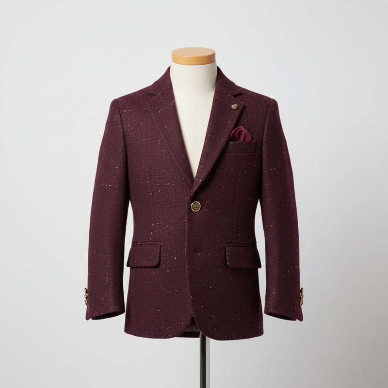 Wine Textured Tweed Tailored Blazer