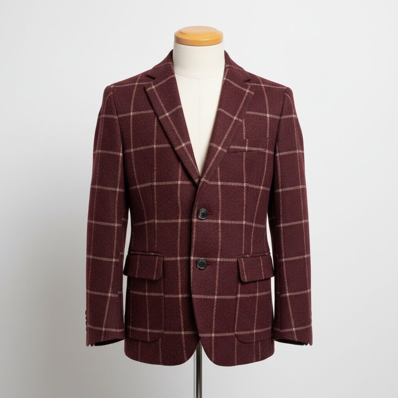 Burgundy Textured Windowpane Checked Blazer