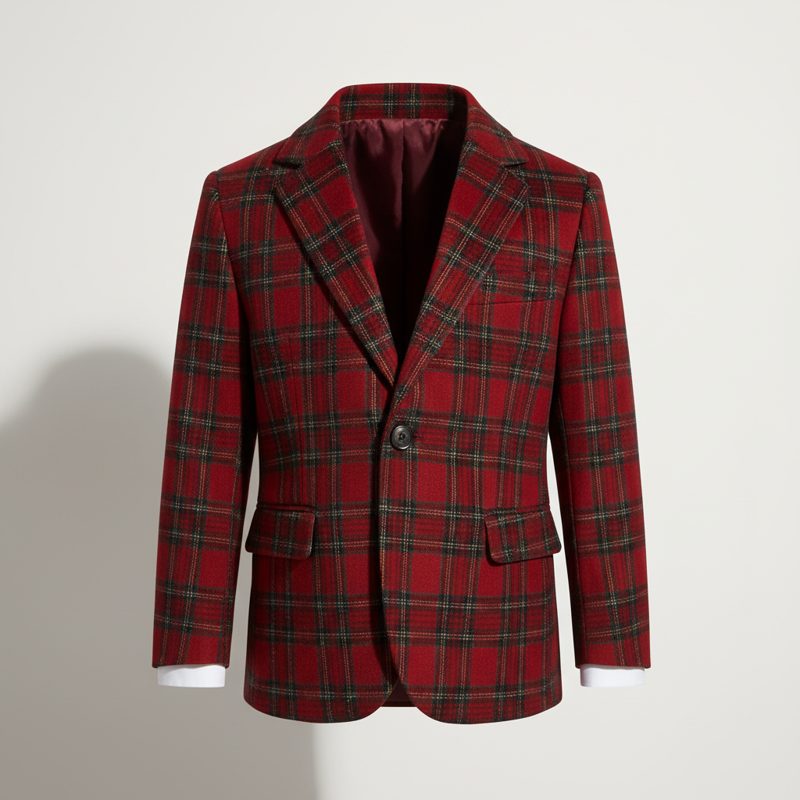Crimson Plaid Wool Single Breasted Blazer