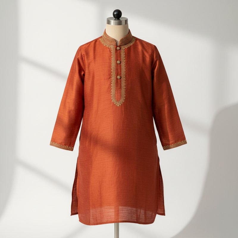 Rust Embroidered Silk Festive Kurta