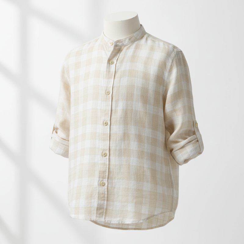 Beige Mandarin Collar Checked Linen Shirt