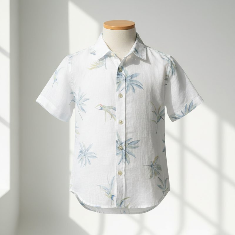 White Printed Linen Short Sleeve Shirt