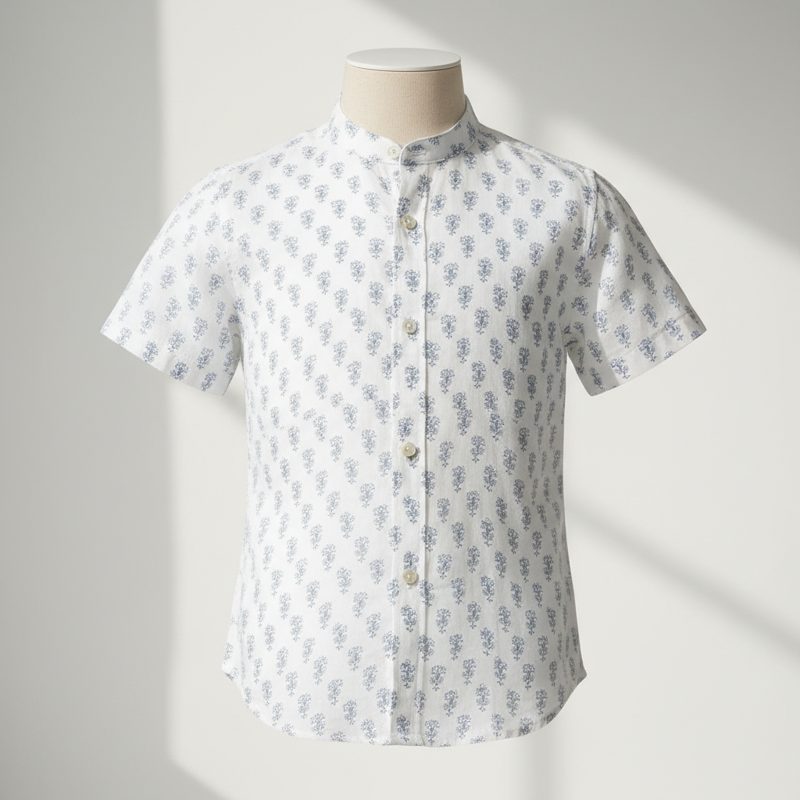 White Mandarin Collar Printed Shirt