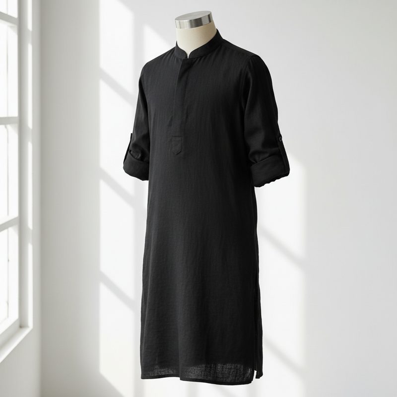 Black Mandarin Collar Linen Kurta