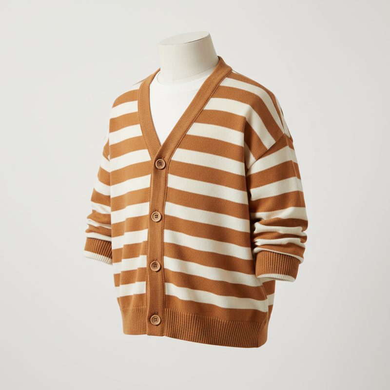 Caramel Striped Knit Buttoned Cardigan