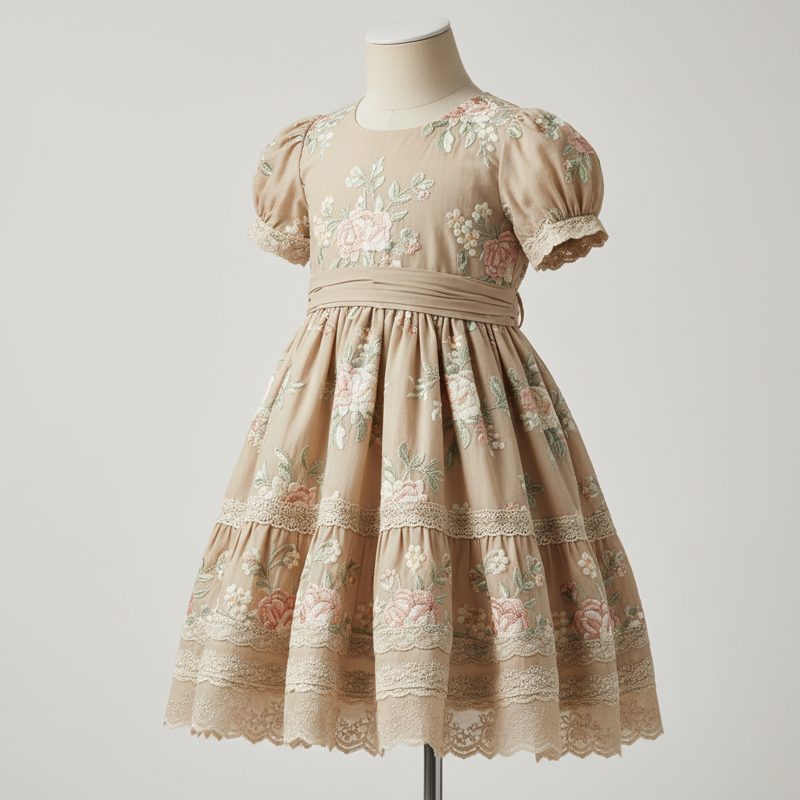 Beige Embroidered Lace Tiered Dress