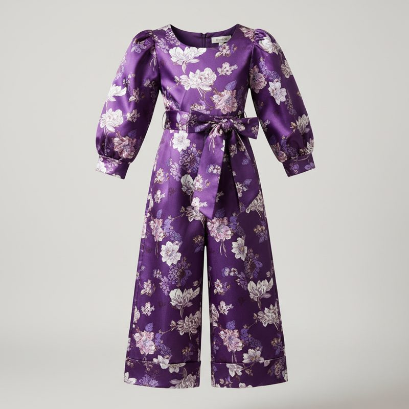 Plum Floral Satin Puff Sleeve Jumpsuit