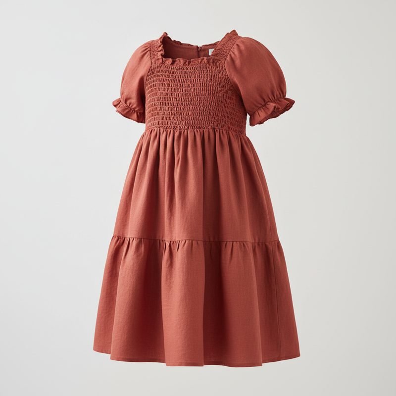 Terracotta Smocked Tiered Linen Dress