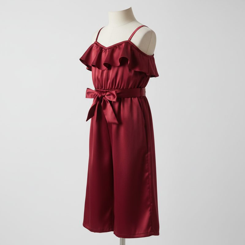 Burgundy Ruffle Strap Satin Jumpsuit