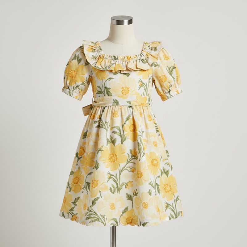 Lemon Floral Ruffled Linen Frock