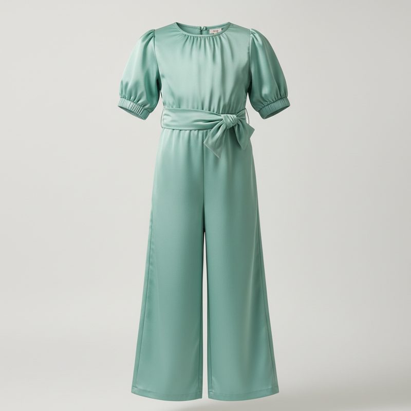 Mint Puff Sleeve Satin Jumpsuit