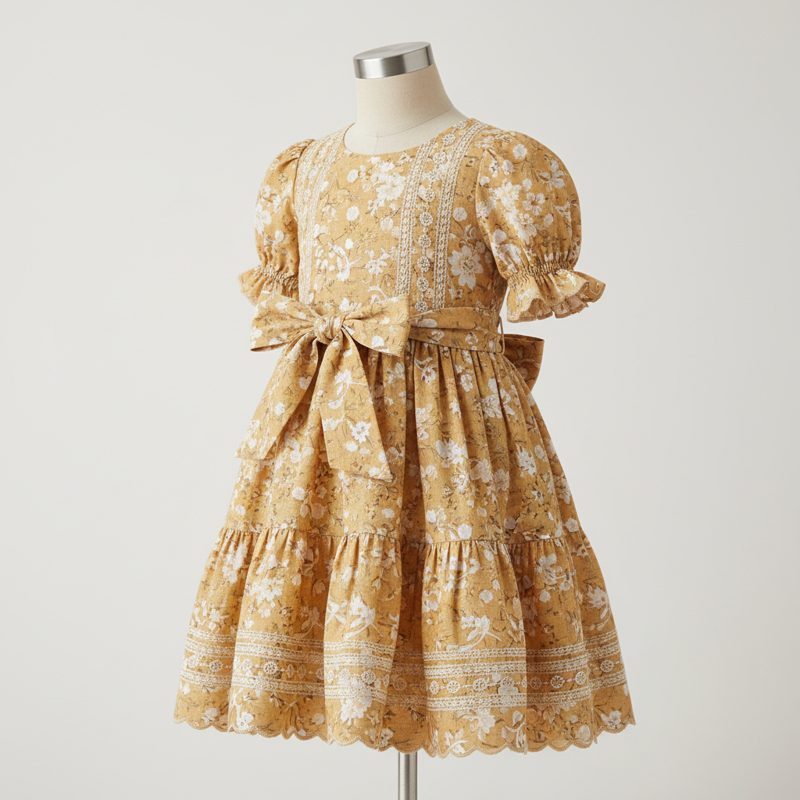 Mustard Floral Tiered Cotton Frock