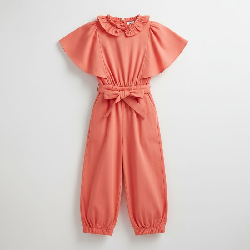 Coral Ruffle Collar Flutter Sleeve Jumpsuit