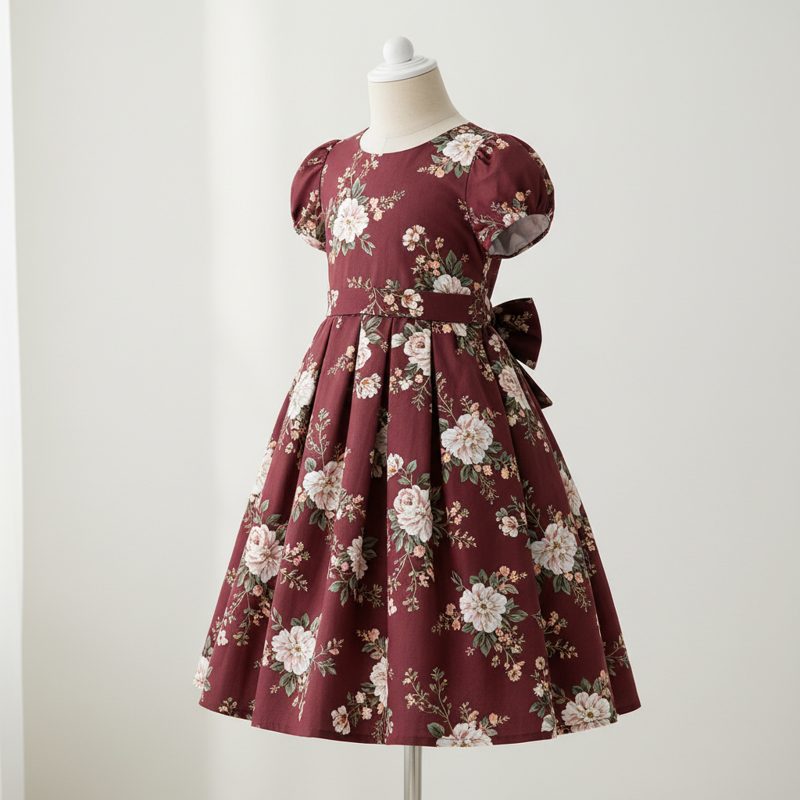 Burgundy Puff Sleeve Floral Party Frock