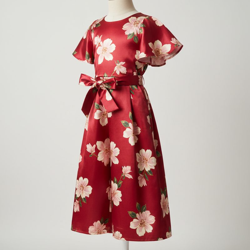 Crimson Floral Satin Bow Waist Dress
