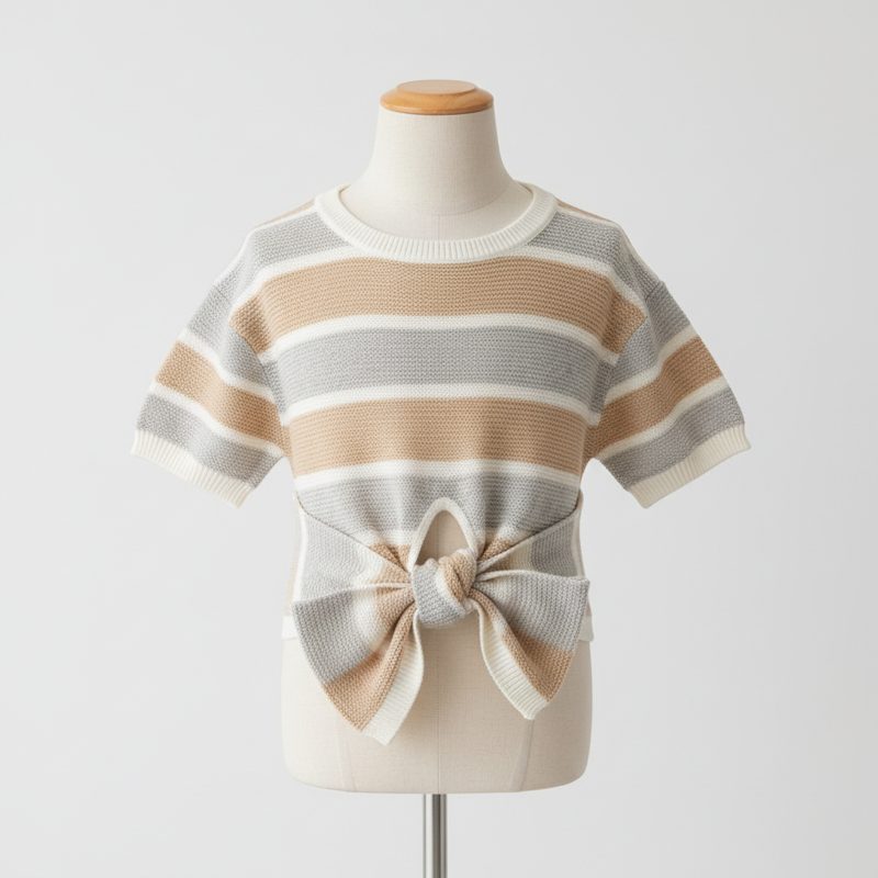 Camel Striped Knit Bow Hem Top
