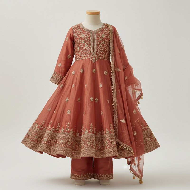 Terracotta Embroidered Anarkali Kurta Set