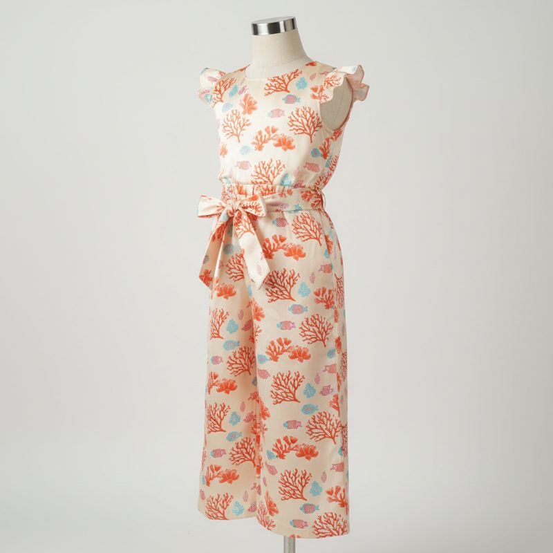 Cream Ruffle Sleeve Printed Belted Jumpsuit