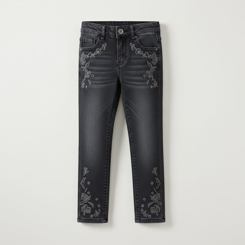 Charcoal Embroidered Slim Denim Jeans