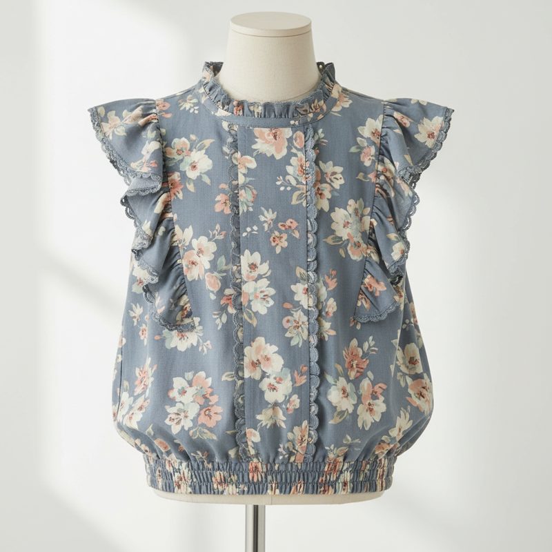 Slate Floral Ruffled Cotton Blouse